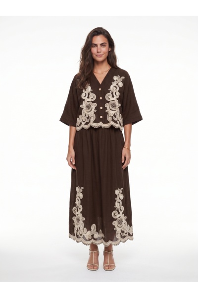 ONLOOX Bitter Brown Crinkle Viscose Bat Sleeve Comfortable Fit Embroidered Bu...