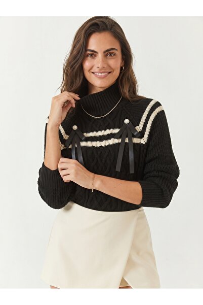 ONLOOX Black Ecru Acrylic Knitwear Half Turtleneck Collar with Stone and Bow ...