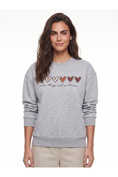 ONLOOX Gray Melange Cotton Three-Thread Raster Heart Printed Crew Neck Sweats...