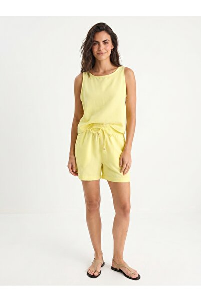 ONLOOX Lemon Yellow Cotton Muslin Thick Strap Blouse Elastic Waist Pocket Det...