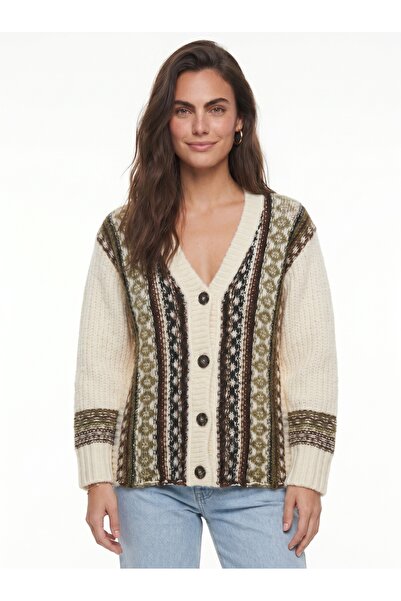 ONLOOX Cream Thick Knit Textured V-Neck Oversize Ethnic Patterned Buttoned Kn...