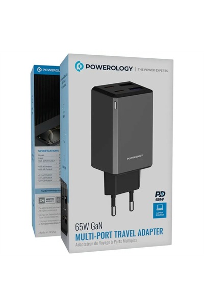 Powerology 65W GaN Multi-Port Travel Adapter Grey