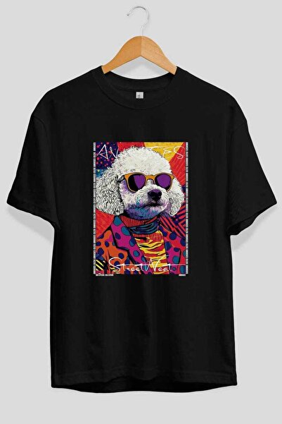 Ankhises For Dog Lovers 39 Front Dog Printed Black Oversize T-Shirt 100% Cott...