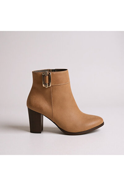 Hayati Arman Women's Zippered Genuine Leather Buckle Detailed Thick Heeled Bo...