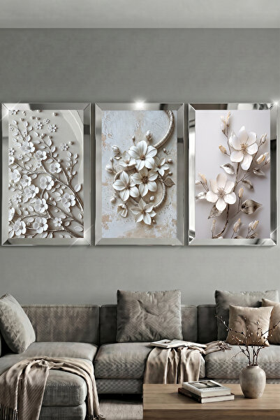 Dekorvia Gümüş Aynalı Pleksi Çerçeveli 3lü MDF Tablo Çiçek Tasarımlı Modern S...
