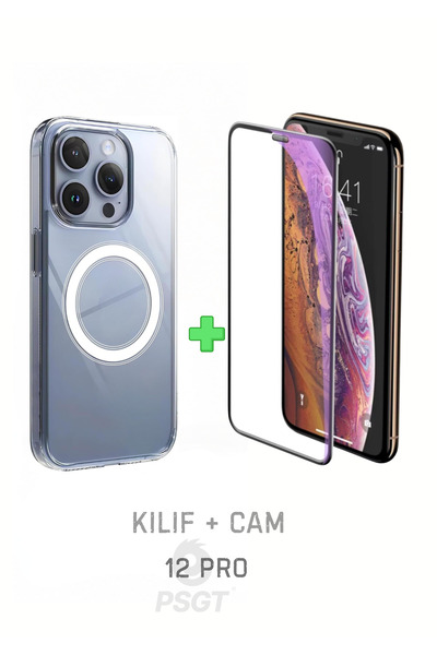 PSGT Set Iphone (12-12 PRO) Kılıf Magsafe Wireless Şarj Destekli Şeffaf Kapak...