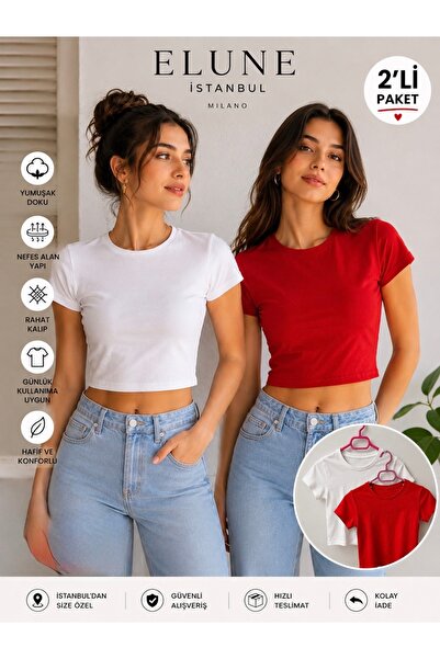 ELUNE İSTANBUL Milano 2-Pack Basic Crop T-Shirt White & Red Women's Crew Neck...