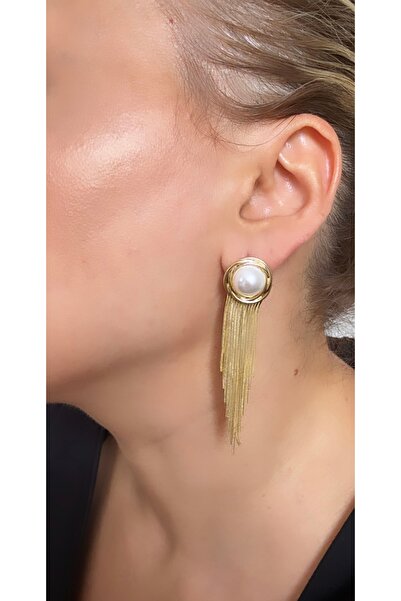 VNS Accessories Pearl Detail Long Tassel Earrings (7 cm)