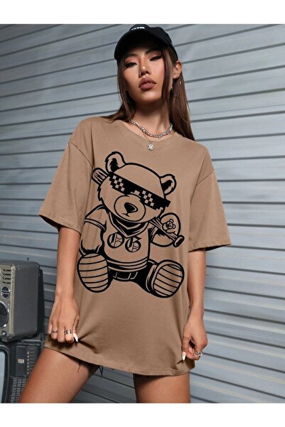 JENOLAN Tricou Maro Oversize Urs Cu Ochelari Imprimat Femei/Fete