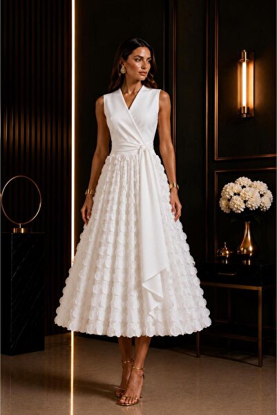 ALYEL NAKER Double-Breasted & Belted White Stylish Midi Sleeveless Dress