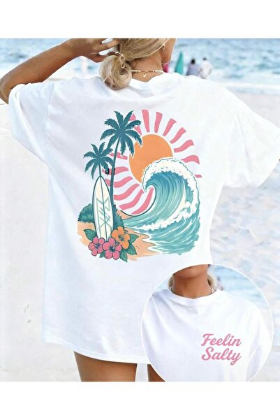 Oceanwear تي شيرت نسائي أبيض بأكمام قصيرة مطبوع عليه موضوع المحيط من Feelin