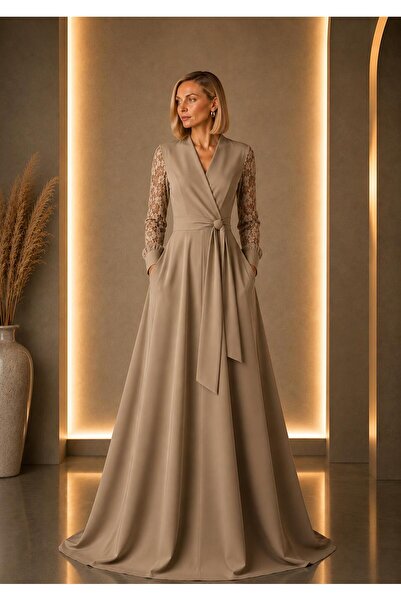ALYEL NAKER Double-Breasted Closure & Lace Sleeve Detail Maxi Crepe Dress