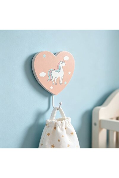 idei Cârlig Decorativ din Lemn, Formă Inimioară Roz cu Unicorn, 18,5x12 cm, P...