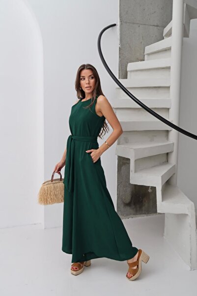 Butik Zümrüt Ayrobin Kumaş Kuşaklı Gizli Fermuarlı Bol Paça Tulum