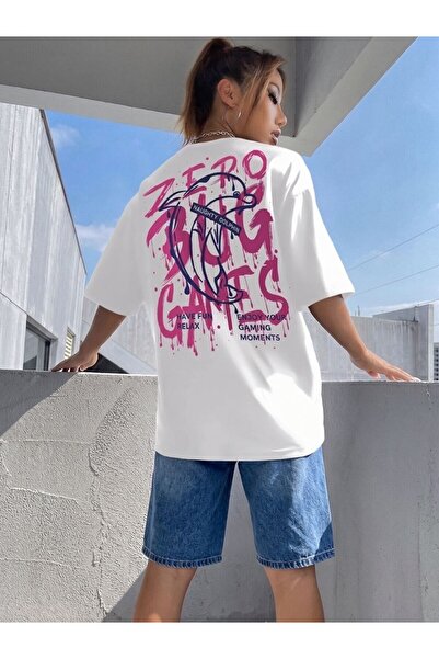 Flubutik Women's White Oval Collar Games Print Comfort Fit Cotton T-Shirt