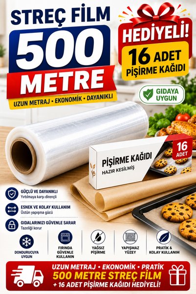 OPTİMEX 500 Metre Gıda Streç Film + 16 Adet Hazır Kesilmiş Pişirme Kağıdı Hediyeli Şeffaf Streç Film Ekonomik Paket