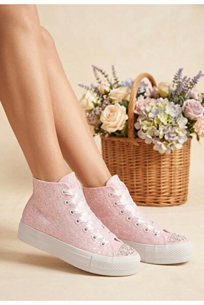 HYS SHOES Parlak Pembe Simli Spor Ayakkabı Pembe Kadın Sneaker