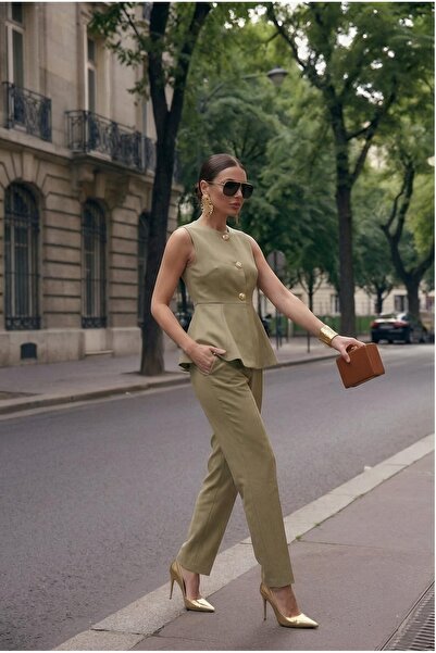 ALURA MODA Çağla Yeşili Gold Düğmeli Peplum Yelek Ve Geniş Paça Pantolon İkil...