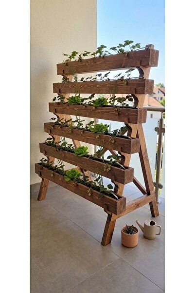 Ev dekka Ahşap Dikey Saksılık - 5 Katlı Dekoratif Balkon ve Teras Bahçesi 150...