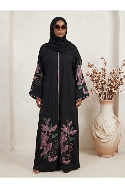 Generic Elegant Black Floral Embroidered Abaya for Women – Modest Open Front ...