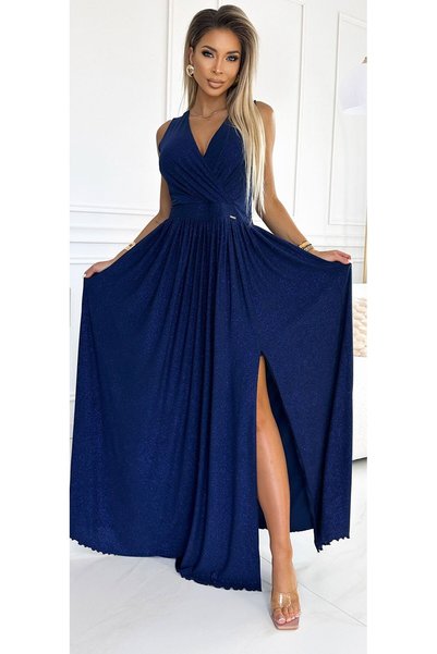 OEM Long dress with neckline and tie at the back - navy blue with glitter