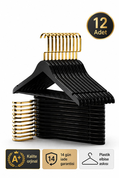 AXE HOME 12 Adet Siyah Askı İtalyan Altın Kanca Ahşap Görünümlü Plastik Askı
