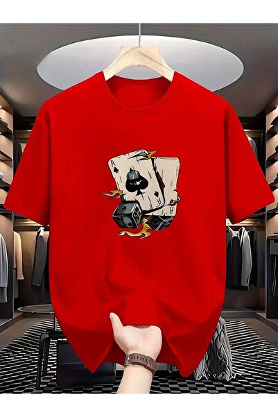 JENOLAN Men's Dice Card Printed Crew Neck T-Shirt Oversize Casual Boyfirend