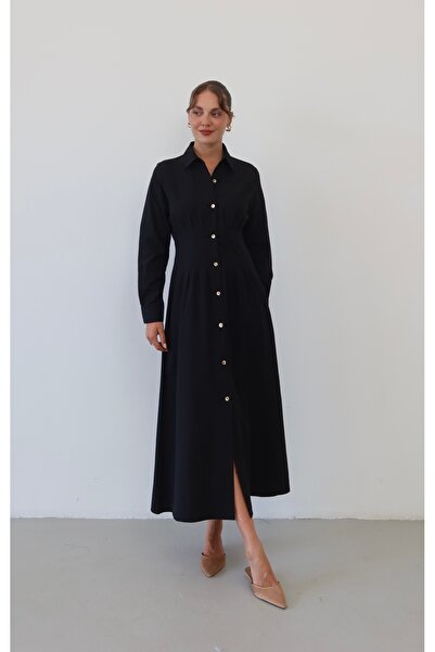 Myra Fashion Korse Detaylı Boydan Düğmeli Gömlek Elbise Midi Boy Uzun Kollu K...