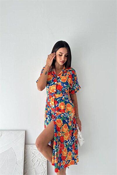 Neşeli Butik cămașă roșie de damă, cu guler, cu nasturi, cu model floral, cu ...