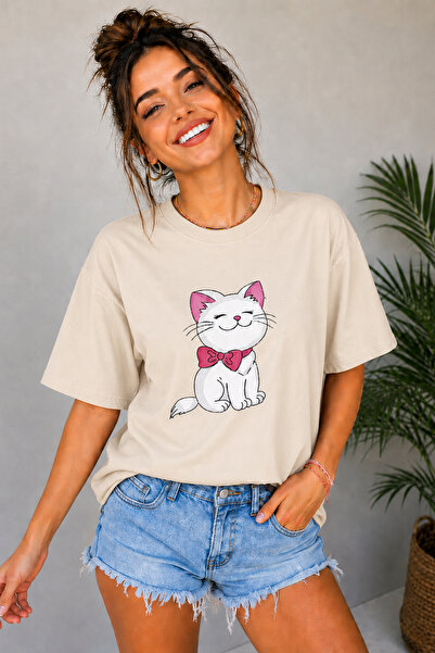 ArtYus Cute Cat Printed Crew Neck Unisex Oversize T-Shirt with Bow Tie – Cott...