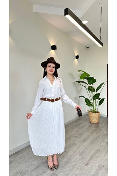 Lovely butik Fusta midi din șifon alb, plisată, căptușită, pentru femei