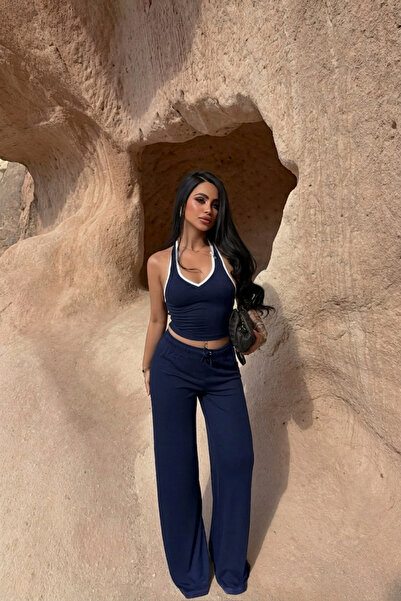 Siner Fashion Set de pantaloni și bluză cu guler halter, detaliat, albastru m...