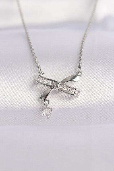 OGHAMAY 316L Steel Chain Silver Color Zircon Stone Heart Detail Bow Necklace