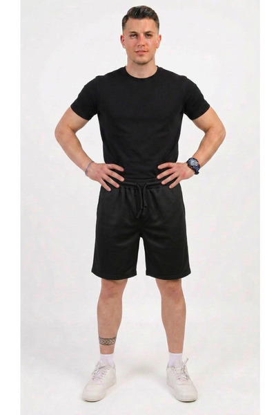 STRAVON Men's Pique Fabric Double-Leg Relaxed Fit Summer Shorts - Black