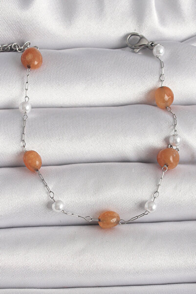 OGHAMAY 316L Steel Silver Color Orange Natural Stone Model Pearl Detail Women...
