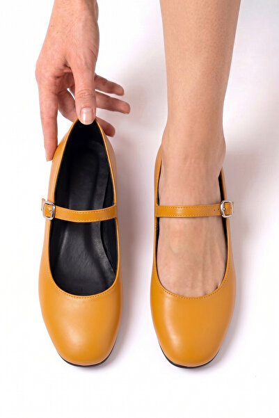 MİNNACE "Emma" Mustard Leather Ballerina Flats with Round Toe, Closed Toe, Fl...
