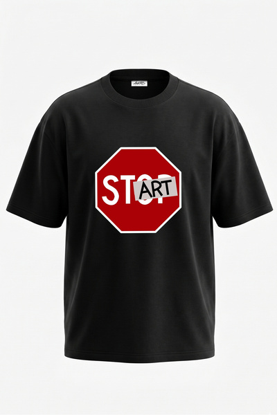 Anetos Tricou oversize negru din bumbac cu imprimeu pe spate, cu design artis...