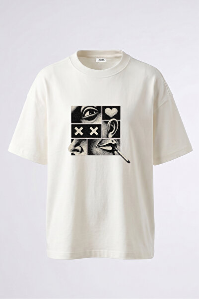 Anetos Tricou oversize alb din bumbac cu imprimeu pe spate Grunge Yuz Design