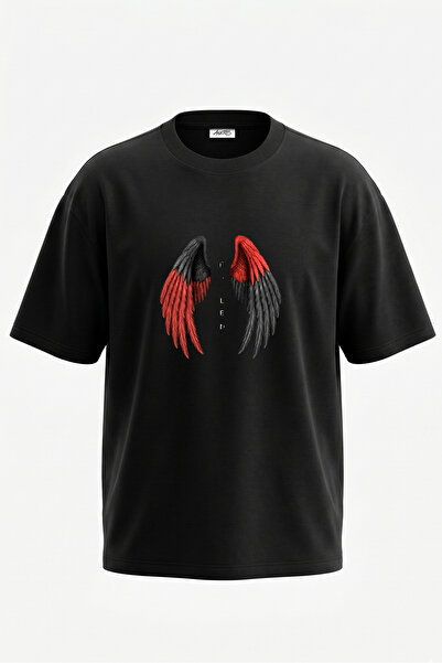 Anetos Tricou oversize negru din bumbac cu imprimeu pe spate Fallen Wings Design