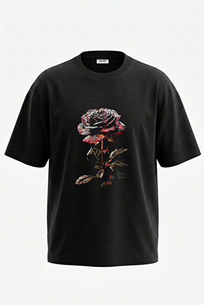 Anetos Tricou oversize negru din bumbac cu imprimeu pe spate Rose Cizim Design