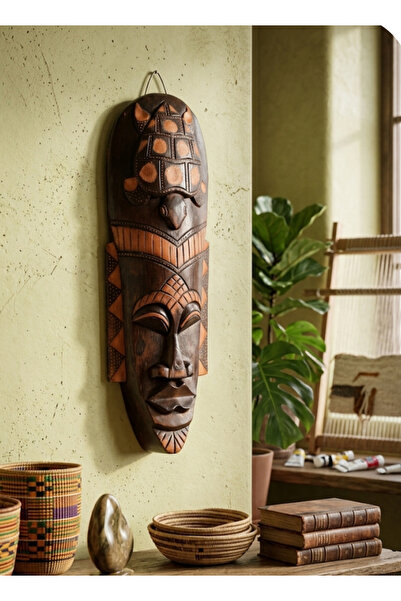 Wood Carved Mask Wall Decor Ethnic African Style Turtle Motif 50cm