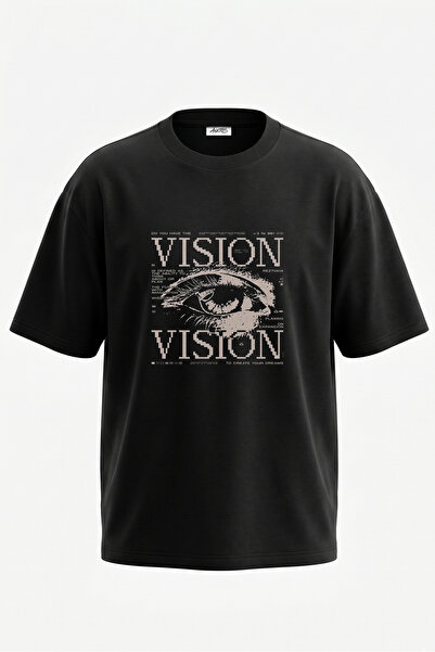 Anetos Tricou oversize negru din bumbac cu imprimeu Pixel Eye Design pe spate