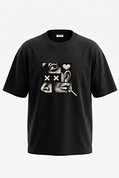 Anetos Tricou oversize negru din bumbac cu imprimeu pe spate Grunge Yuz Design
