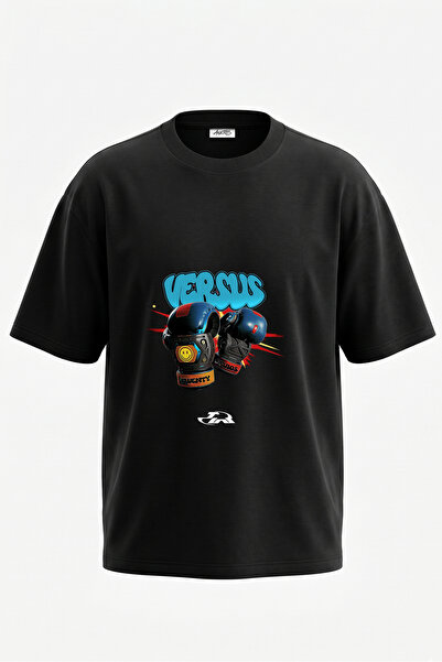 Anetos Mănuși de box cu design graffiti, tricou oversize negru din bumbac cu ...