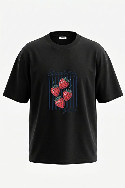 Anetos Tricou oversize negru din bumbac, cu ilustrație de căpșuni și imprimeu...