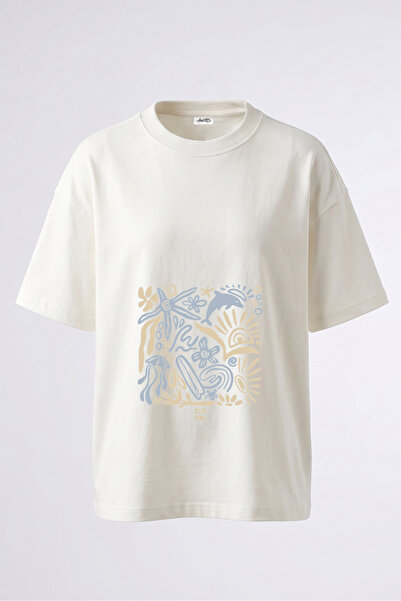 Anetos Sea Summer Design Back Printed Cotton White Oversize T-Shirt