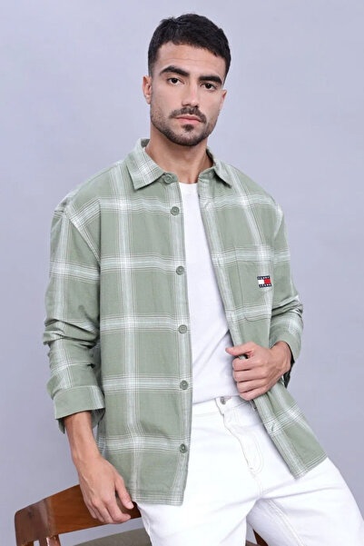 Tommy Hilfiger Mens Green Checked Regular Fit Cotton Shirt