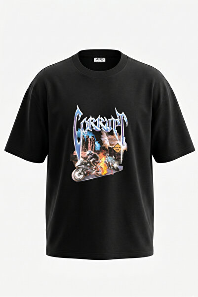 Anetos Tricou oversize negru din bumbac cu imprimeu pe spate Corrupt Bikers D...