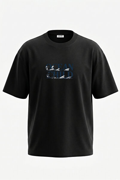 Anetos Tricou oversize negru din bumbac cu imprimeu pe spate Ocean Child Design