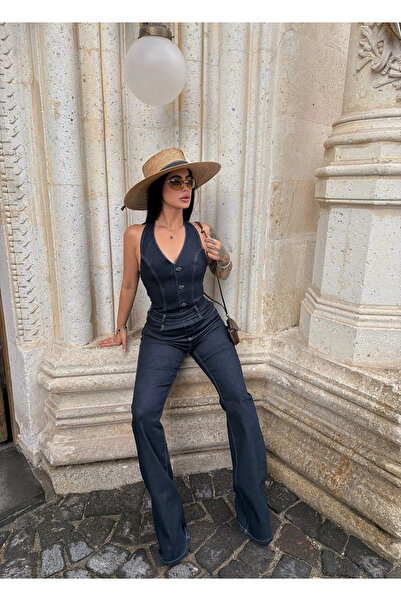 kırmızı butiks Kontrast Dikişli Denim Tulum